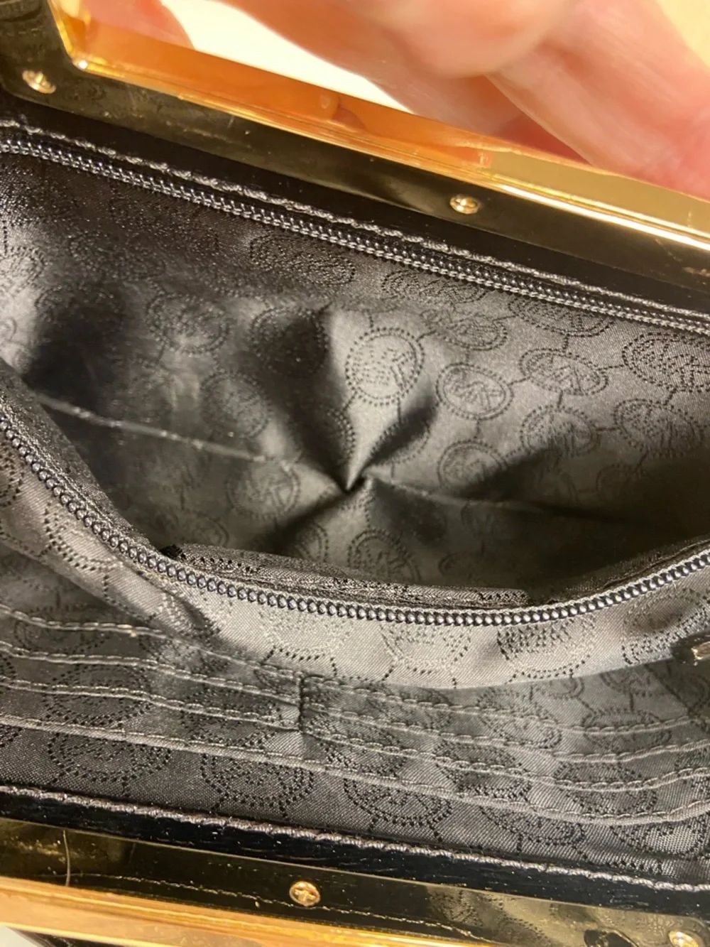 Michael Kors Black Leather Frame Clutch Gold Bar Handle Evening Bag Chain Strap